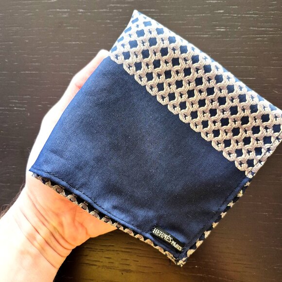Hermes Paris Silk Pocket Square Navy 11.5x11.5 - Picture 8 of 9
